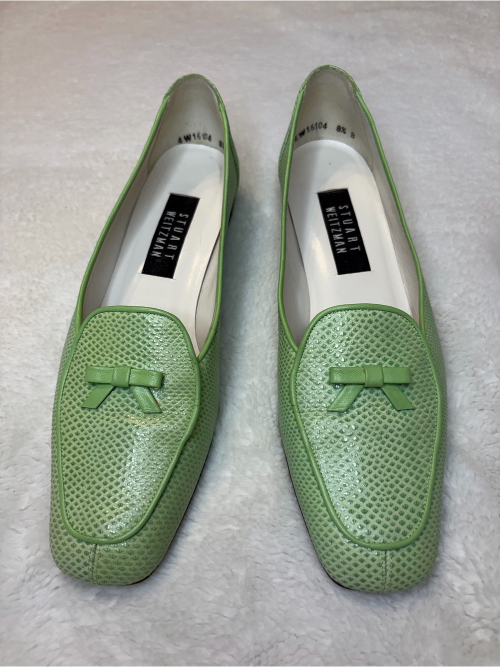 Stuart Weitzman Light Green Perforated Leather Bow Loafers